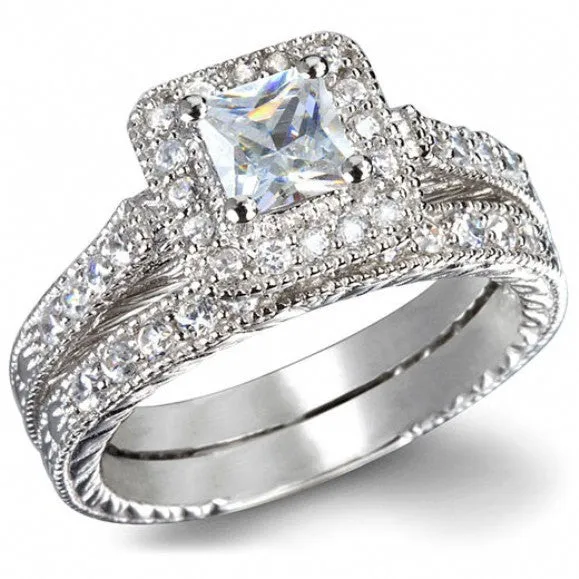 3.55 Princess Cut Wedding Ring Set Engagement Diamond Simulated 925 Sterling Silver Platinum ep CZ
