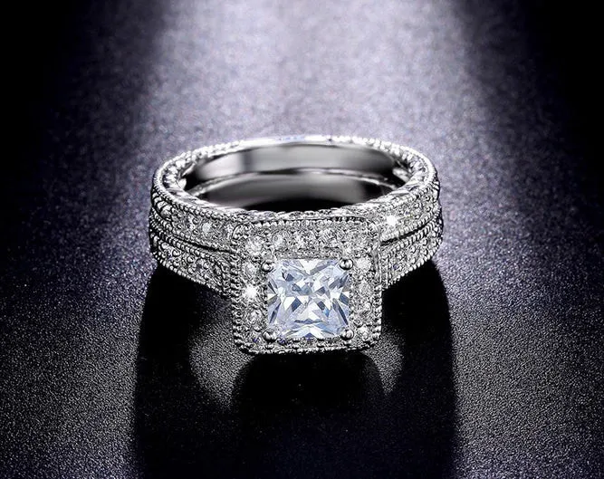 3.55 Princess Cut Wedding Ring Set Engagement Diamond Simulated 925 Sterling Silver Platinum ep CZ