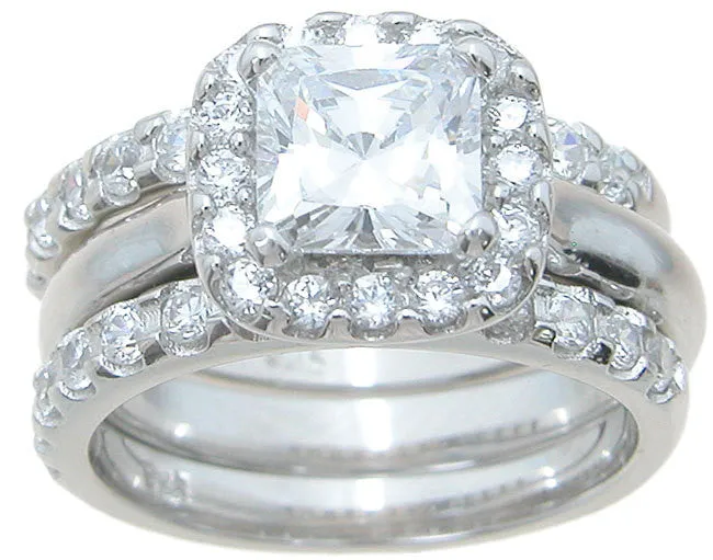 3.5C 3PC Princess Cut Womens Diamond Simulated Wedding Ring Set Engagement  Sterling Silver