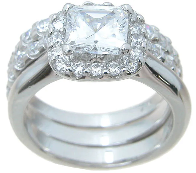 3.5C 3PC Princess Cut Womens Diamond Simulated Wedding Ring Set Engagement  Sterling Silver
