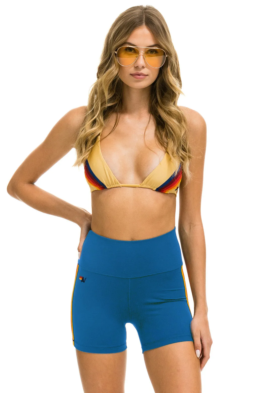5 STRIPE RAINBOW 4 INCH HI-RISE BIKER SHORT - CARIBBEAN