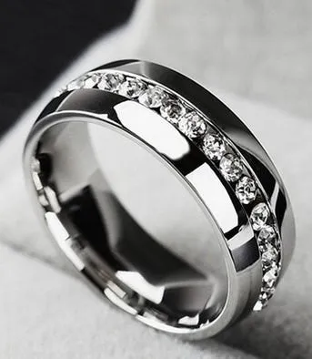 6mm Stainless Steel SILVER Wedding Band Engagement Ring Diamond Simulated Stones CZ Men's
