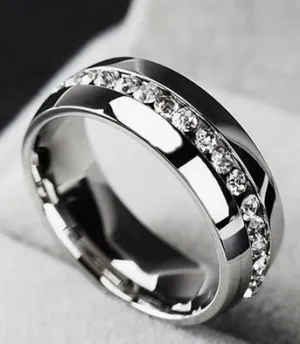 6mm Stainless Steel SILVER Wedding Band Engagement Ring Diamond Simulated Stones CZ Men's