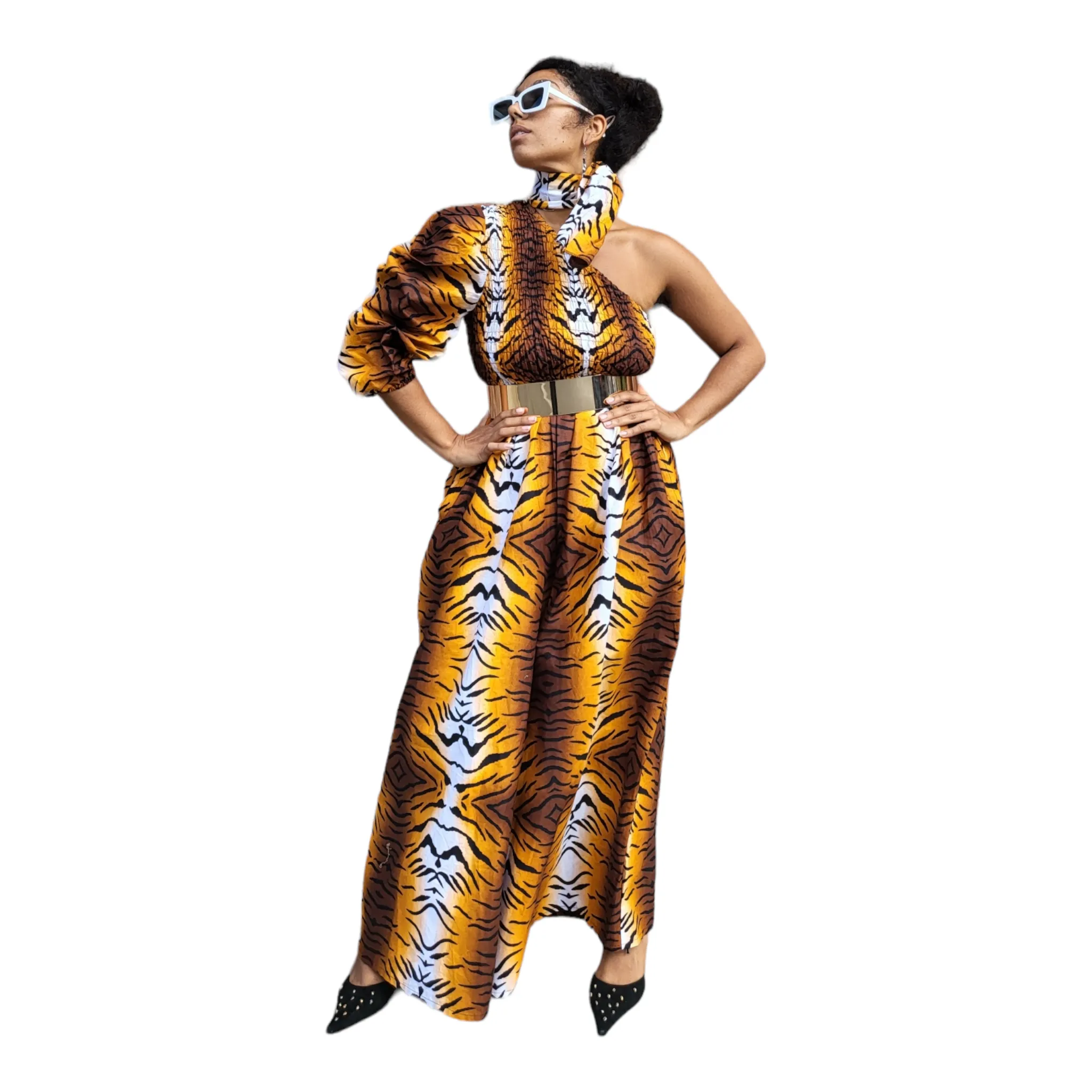 African Safari Print Palazzo Jumpsuit One Shoulder | Geri's Bluffing Boutique