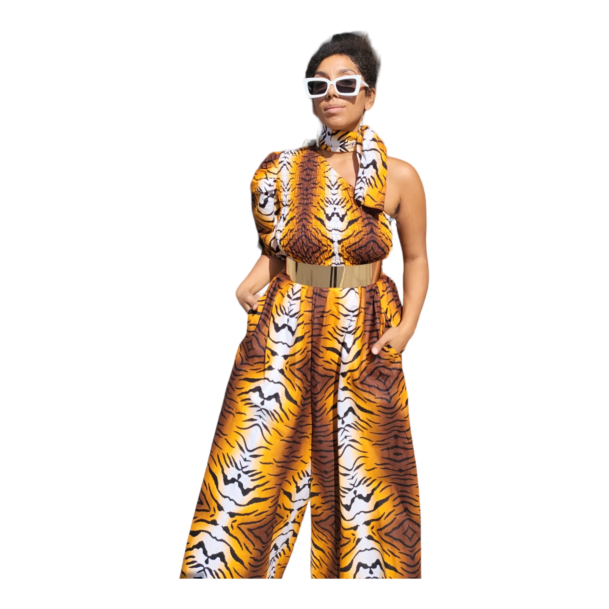 African Safari Print Palazzo Jumpsuit One Shoulder | Geri's Bluffing Boutique