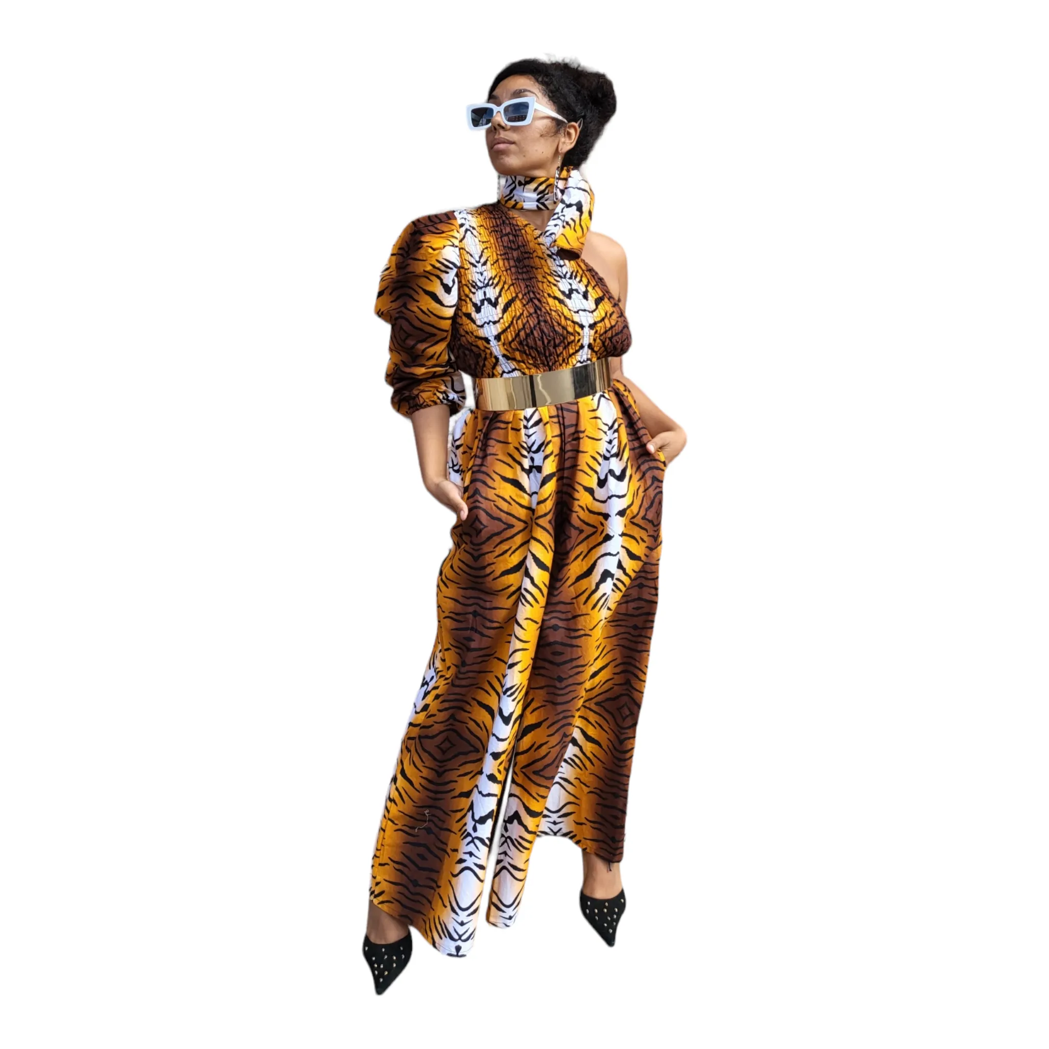 African Safari Print Palazzo Jumpsuit One Shoulder | Geri's Bluffing Boutique
