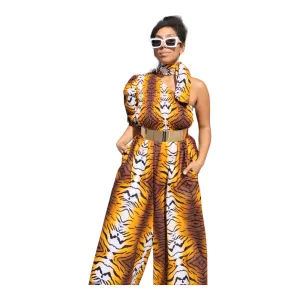 African Safari Print Palazzo Jumpsuit One Shoulder | Geri's Bluffing Boutique