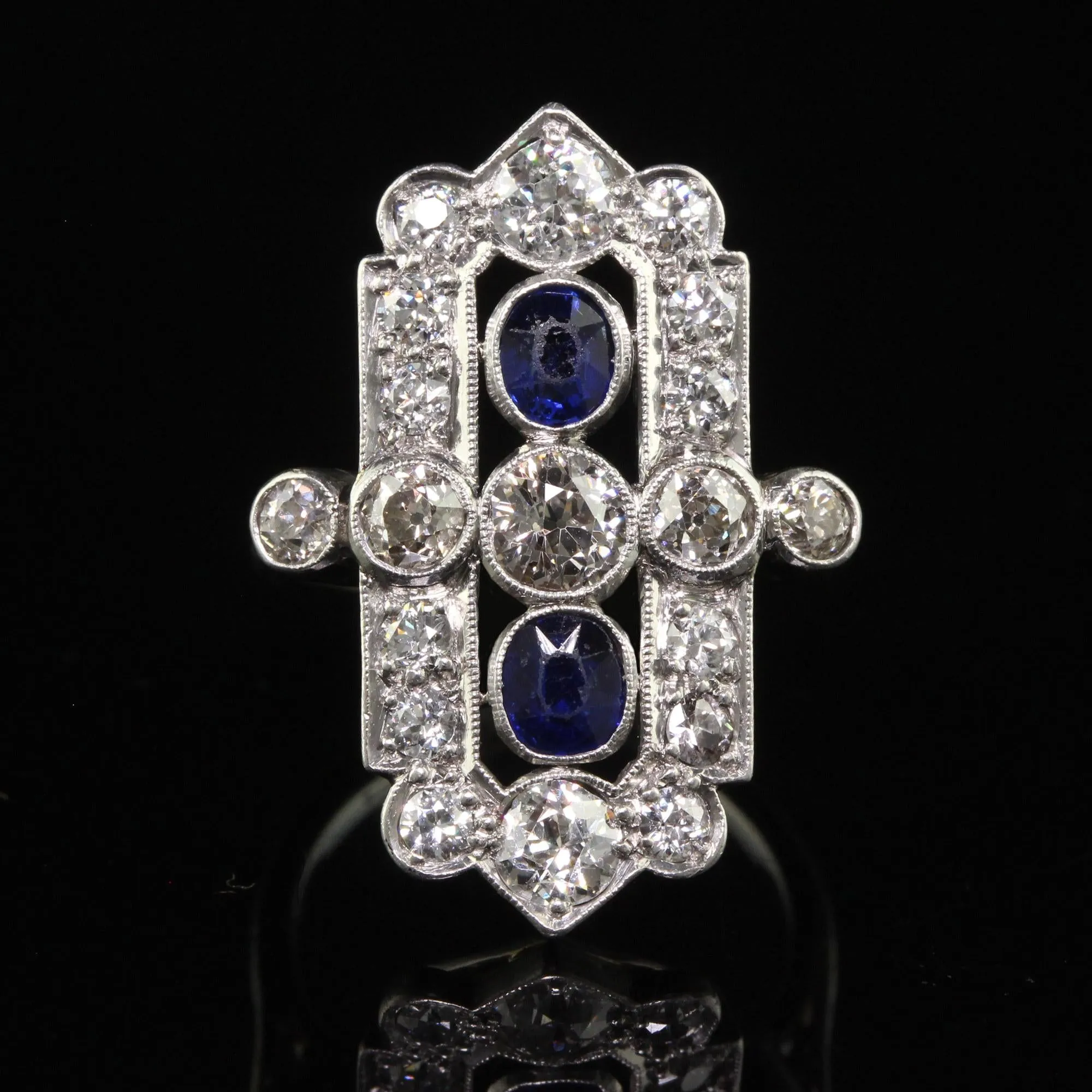 Antique Art Deco 18K White Gold Platinum Old Euro Diamond Sapphire Shield Ring