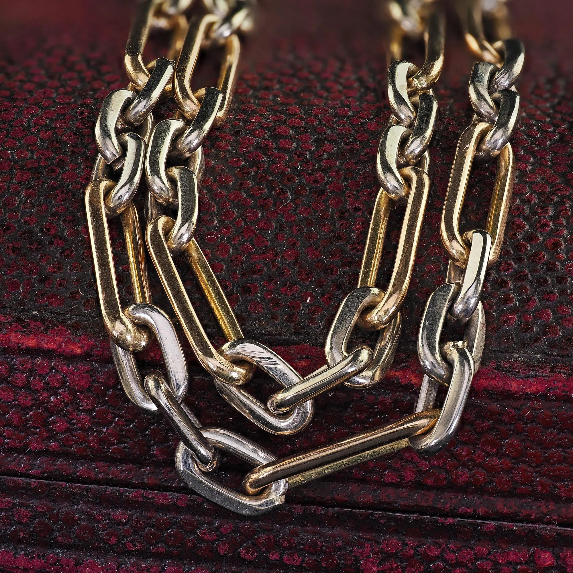Antique Art Deco 18K Yellow Gold Two Tone Paper Clip Chain Necklace - 26 inches