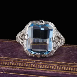 Antique Art Deco Platinum Aquamarine and Old Cut Diamond Ring