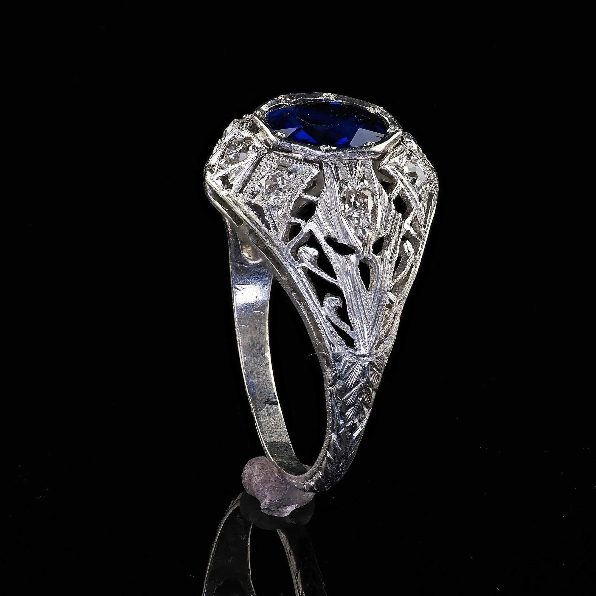 Antique Art Deco Platinum Old Cut Sapphire No Heat Diamond Engagement Ring - GIA