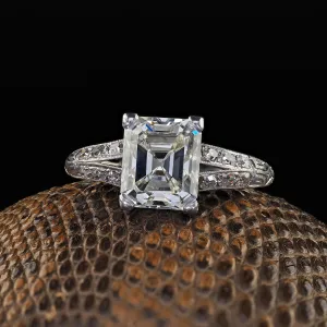 Antique Art Deco Platinum Old Emerald Cut Diamond Engagement Ring - GIA