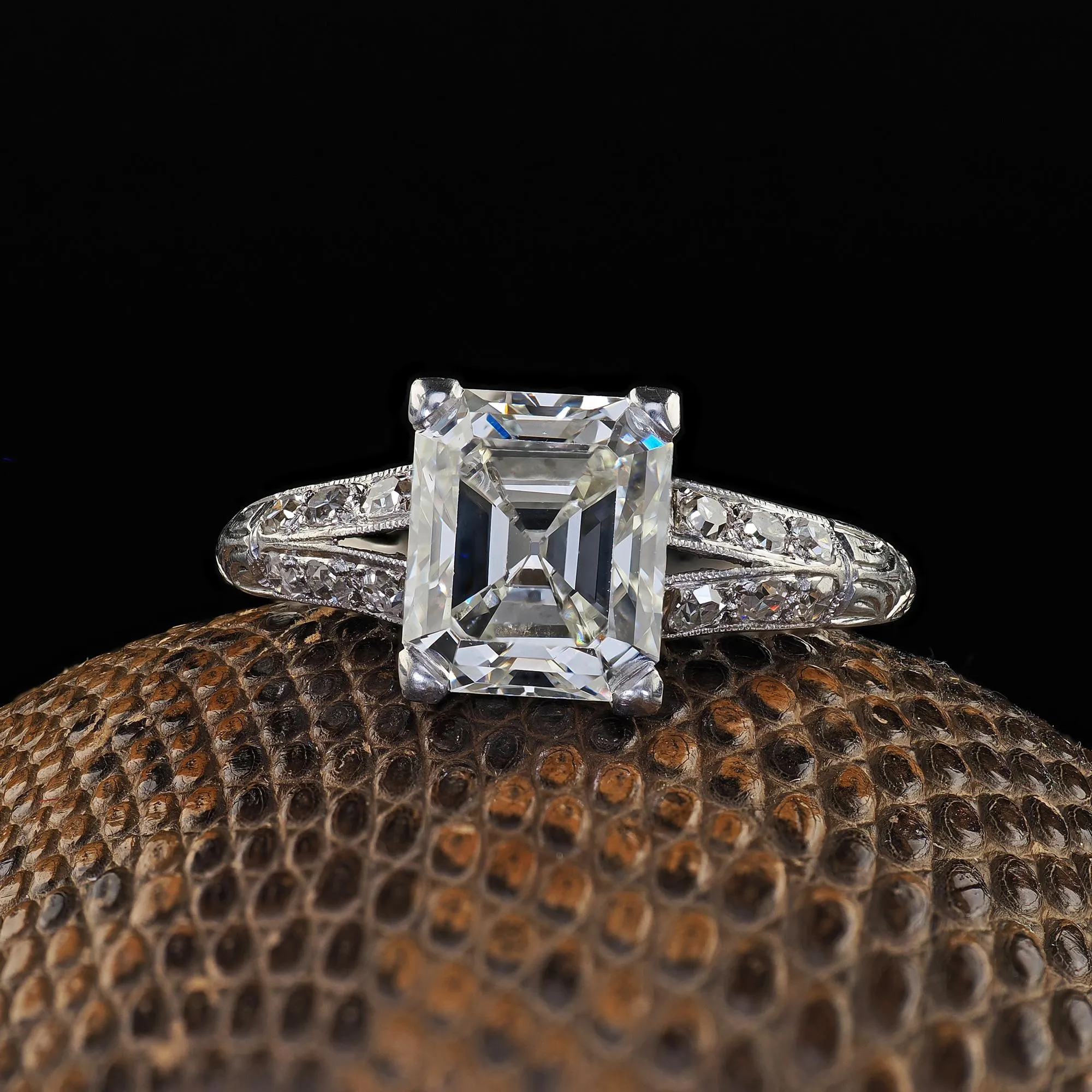 Antique Art Deco Platinum Old Emerald Cut Diamond Engagement Ring - GIA