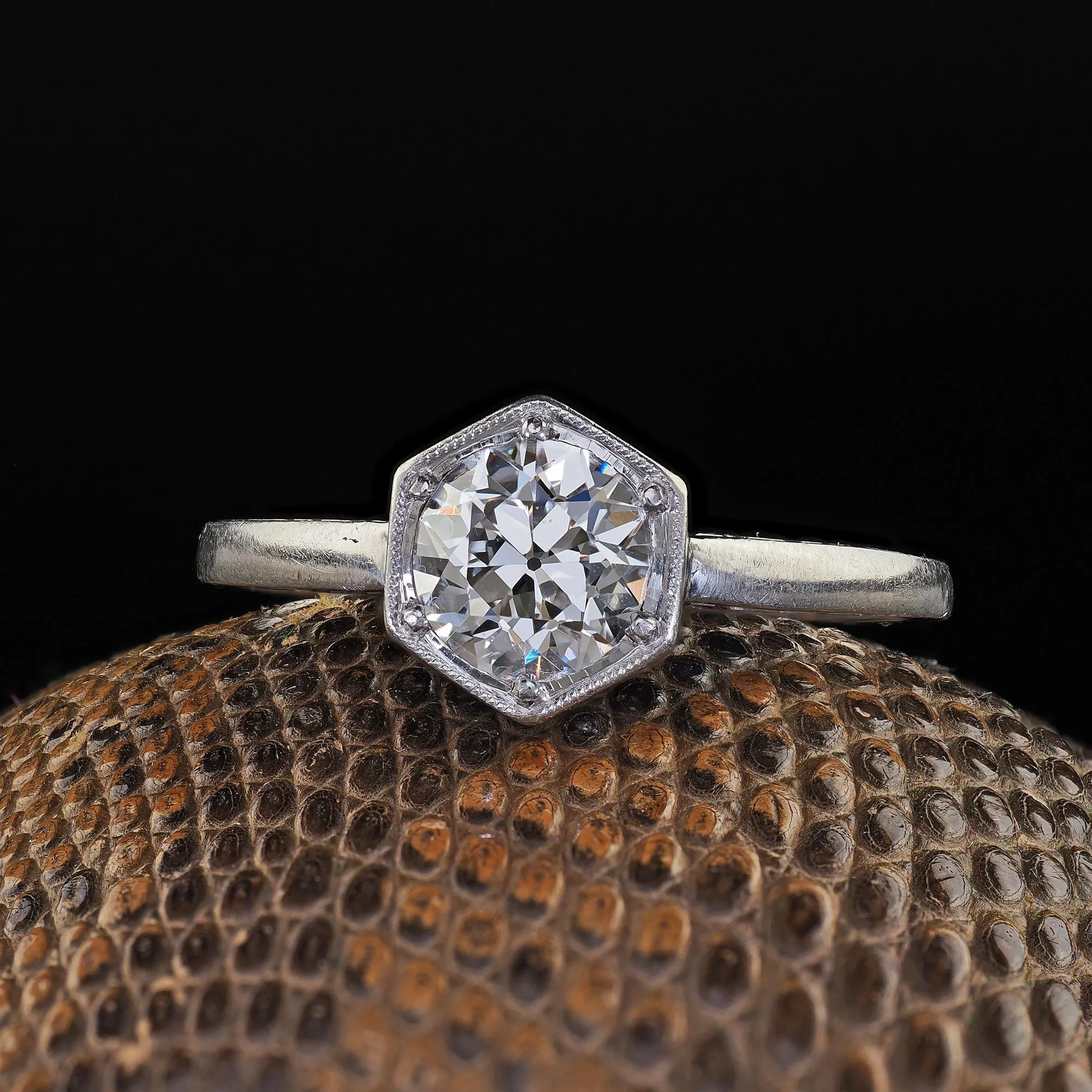 Antique Art Deco Platinum Old European Cut Diamond Engraved Engagement Ring