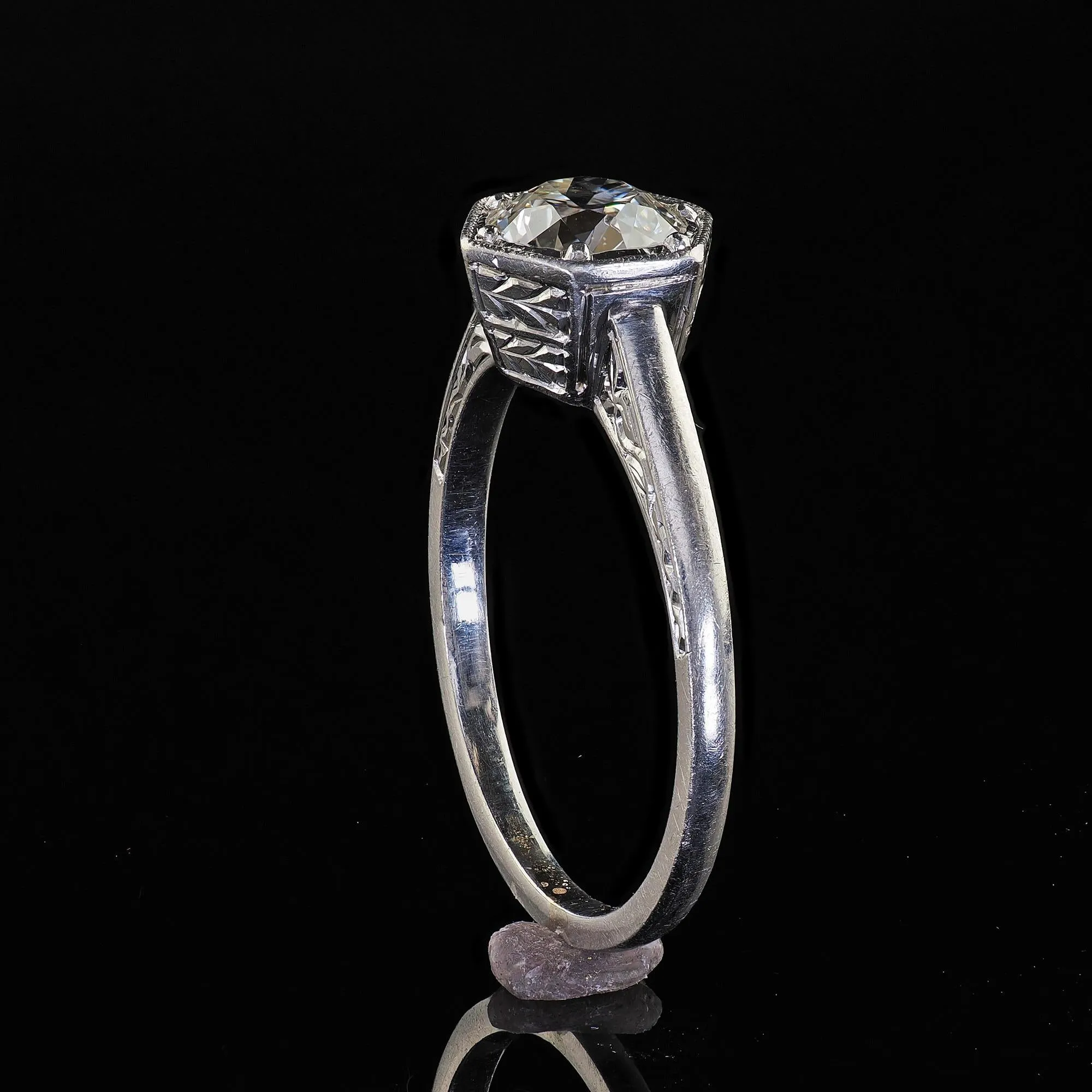 Antique Art Deco Platinum Old European Cut Diamond Engraved Engagement Ring