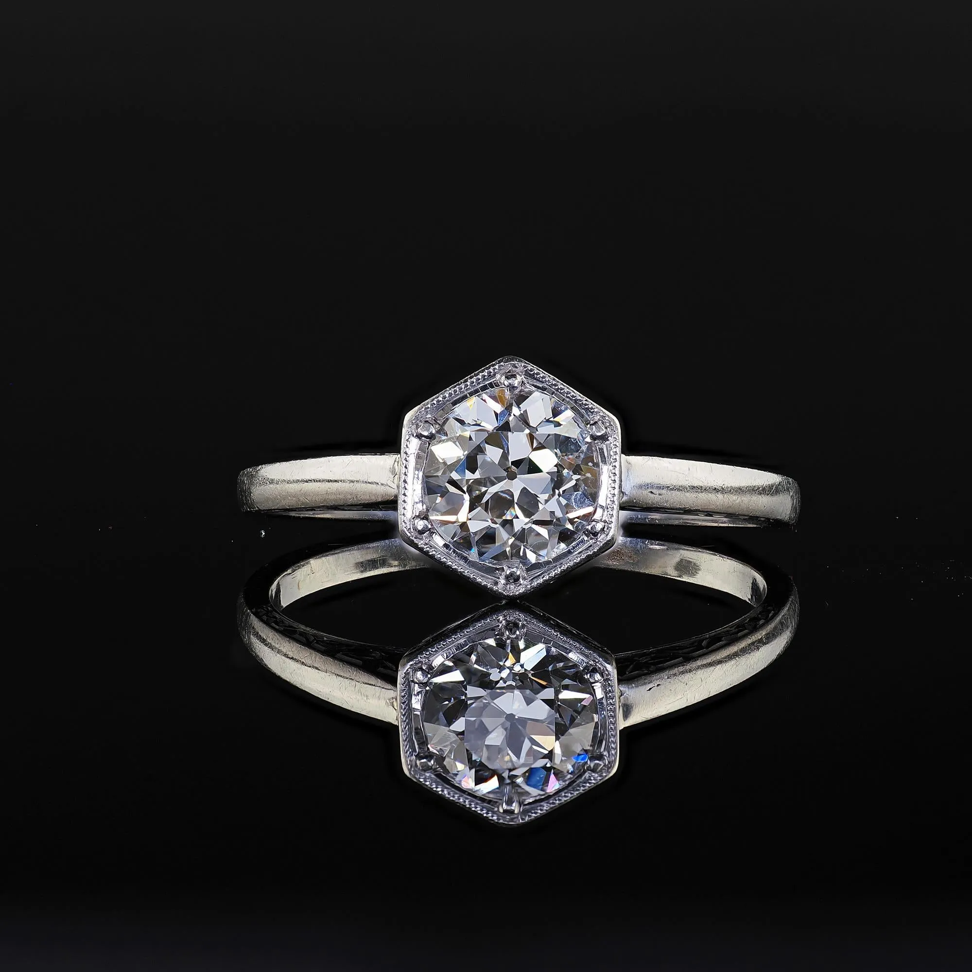 Antique Art Deco Platinum Old European Cut Diamond Engraved Engagement Ring