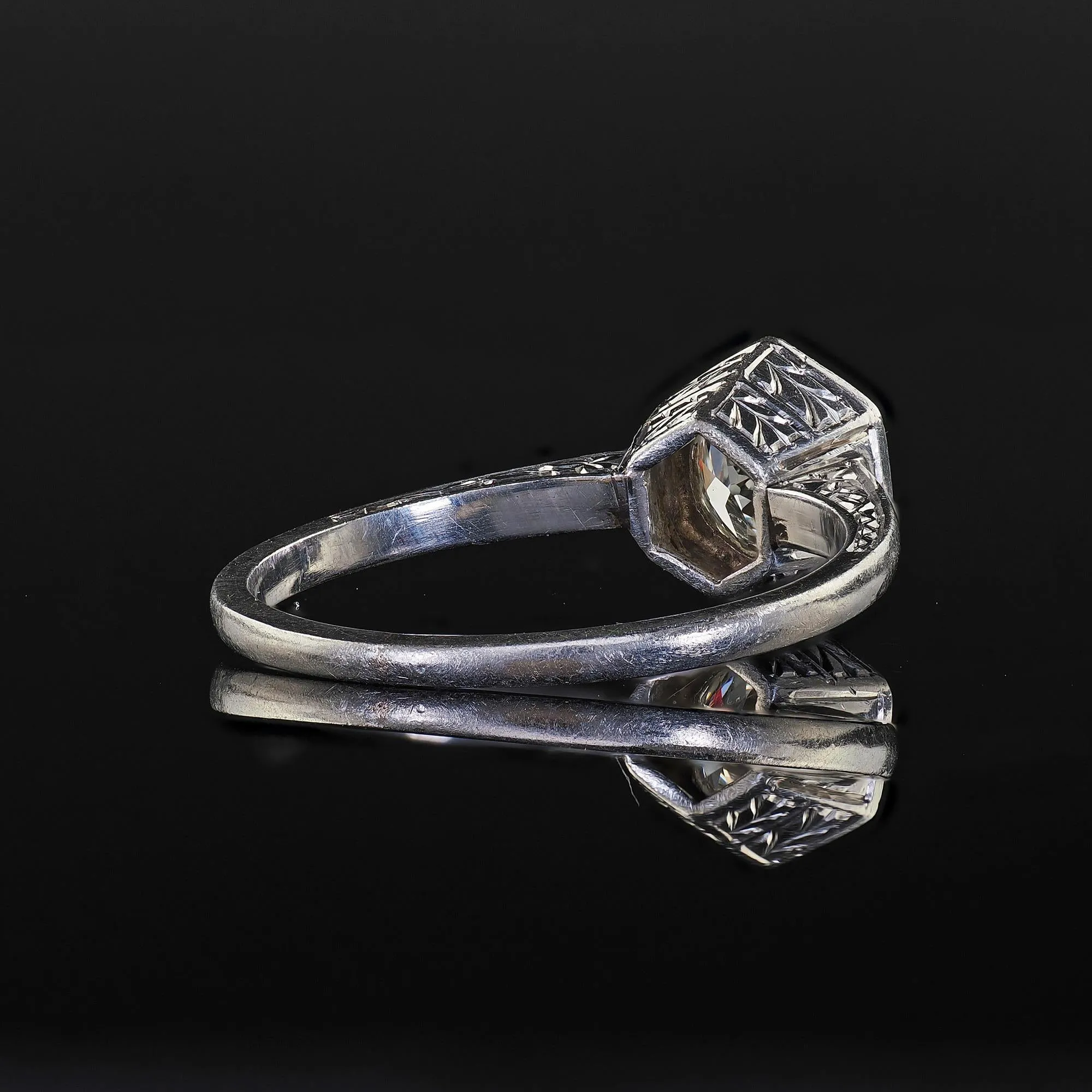 Antique Art Deco Platinum Old European Cut Diamond Engraved Engagement Ring