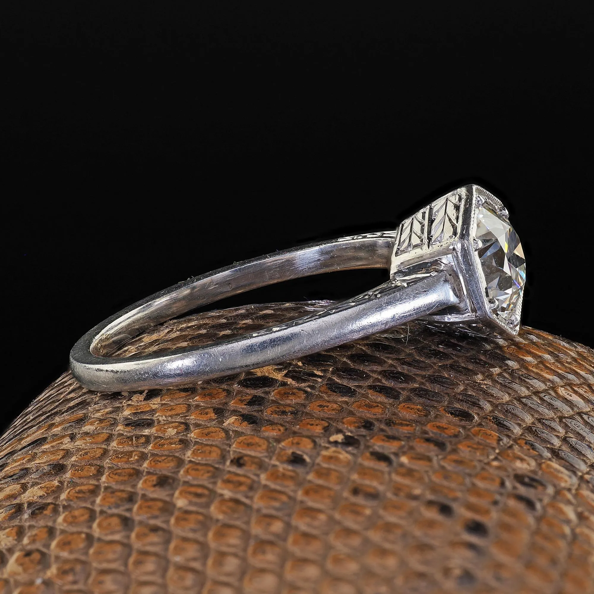 Antique Art Deco Platinum Old European Cut Diamond Engraved Engagement Ring