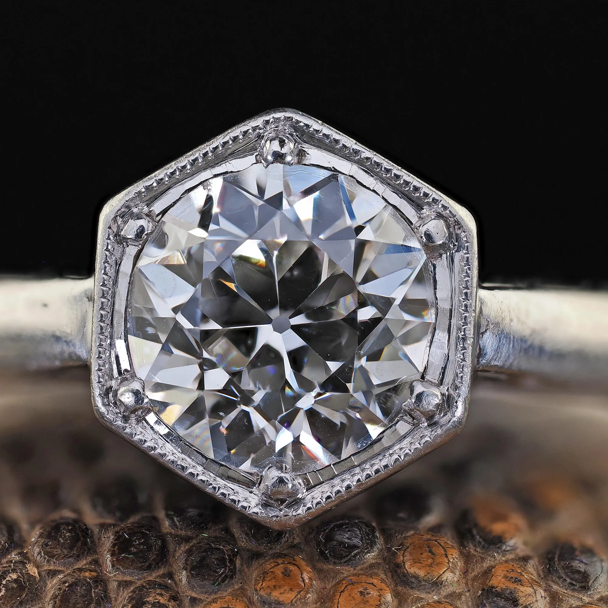 Antique Art Deco Platinum Old European Cut Diamond Engraved Engagement Ring