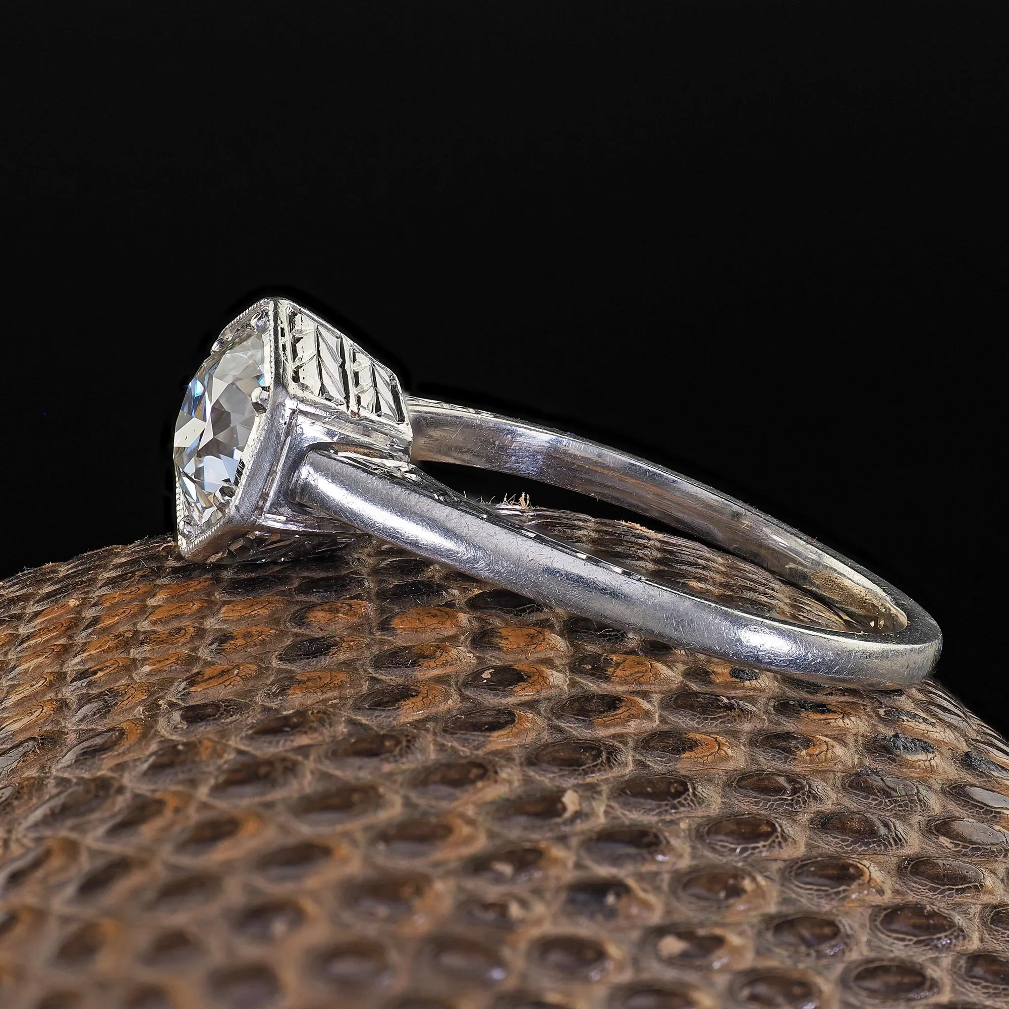 Antique Art Deco Platinum Old European Cut Diamond Engraved Engagement Ring