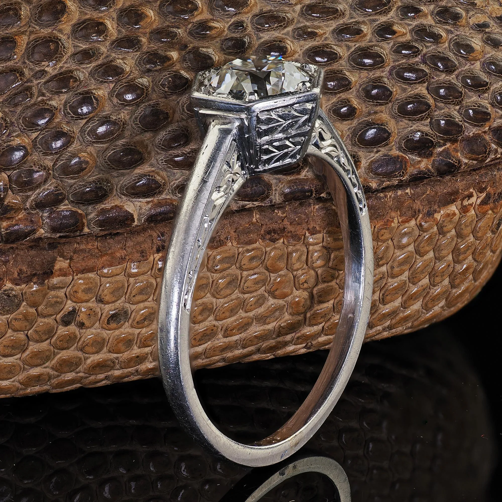Antique Art Deco Platinum Old European Cut Diamond Engraved Engagement Ring