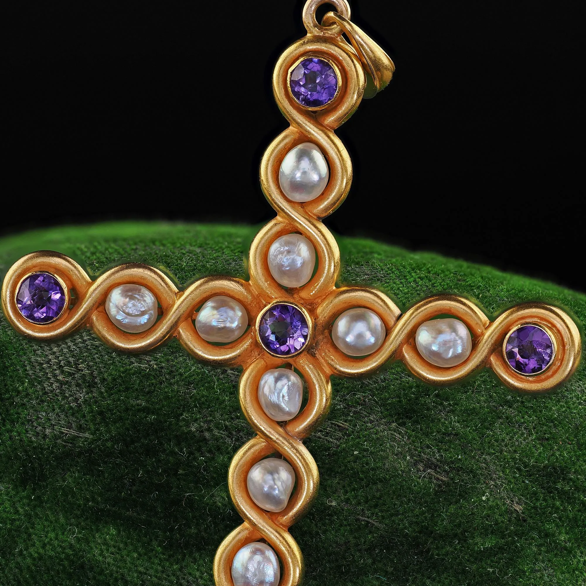 Antique Art Nouveau 18K Yellow Gold Amethyst and Pearl Cross Pendant