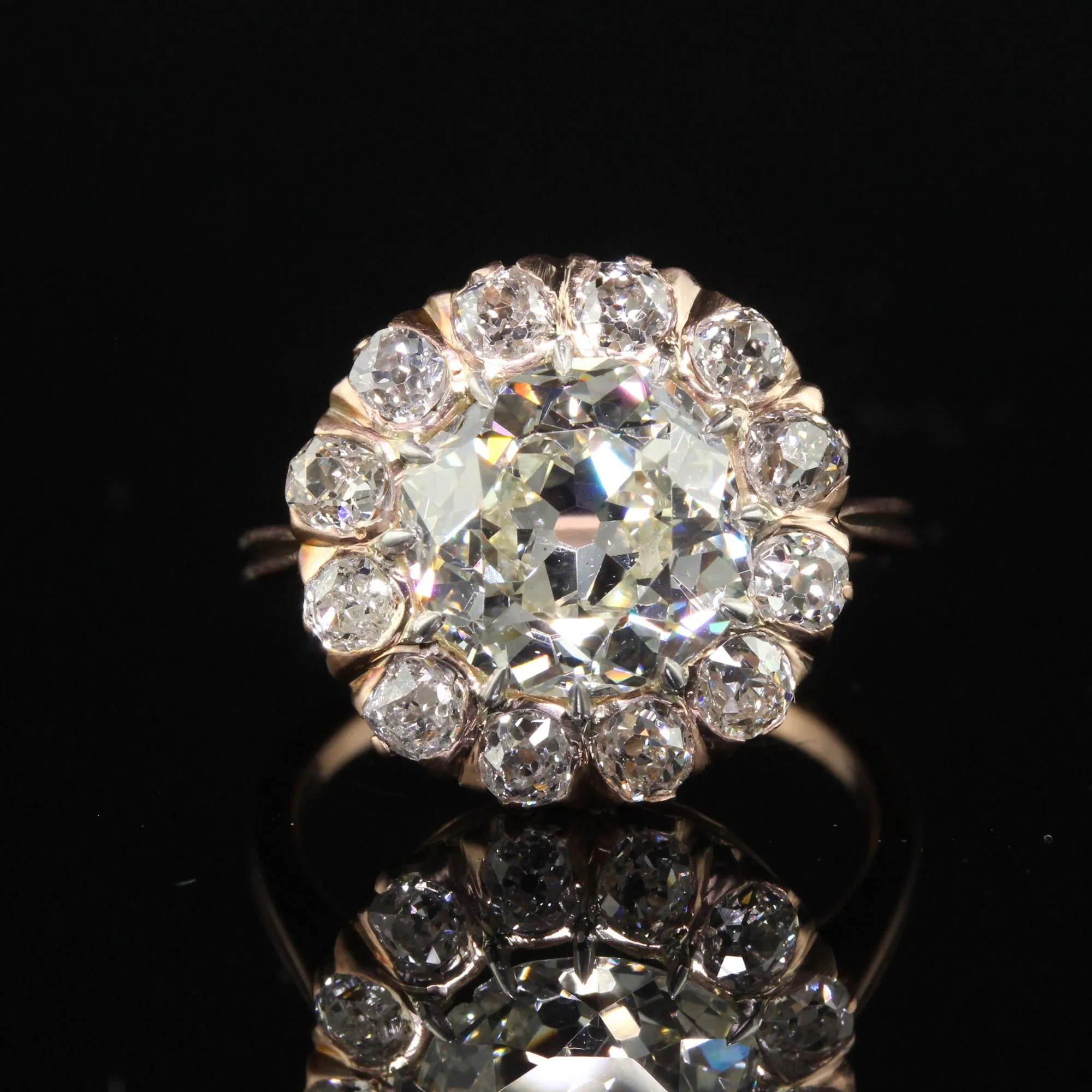 Antique Edwardian 14K Rose Gold Old European Diamond Halo Engagement Ring - GIA