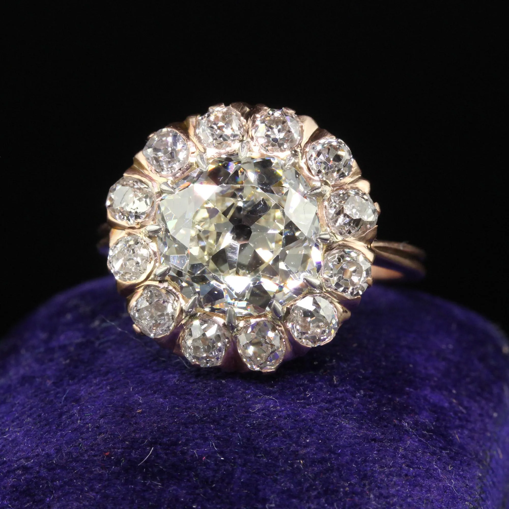 Antique Edwardian 14K Rose Gold Old European Diamond Halo Engagement Ring - GIA