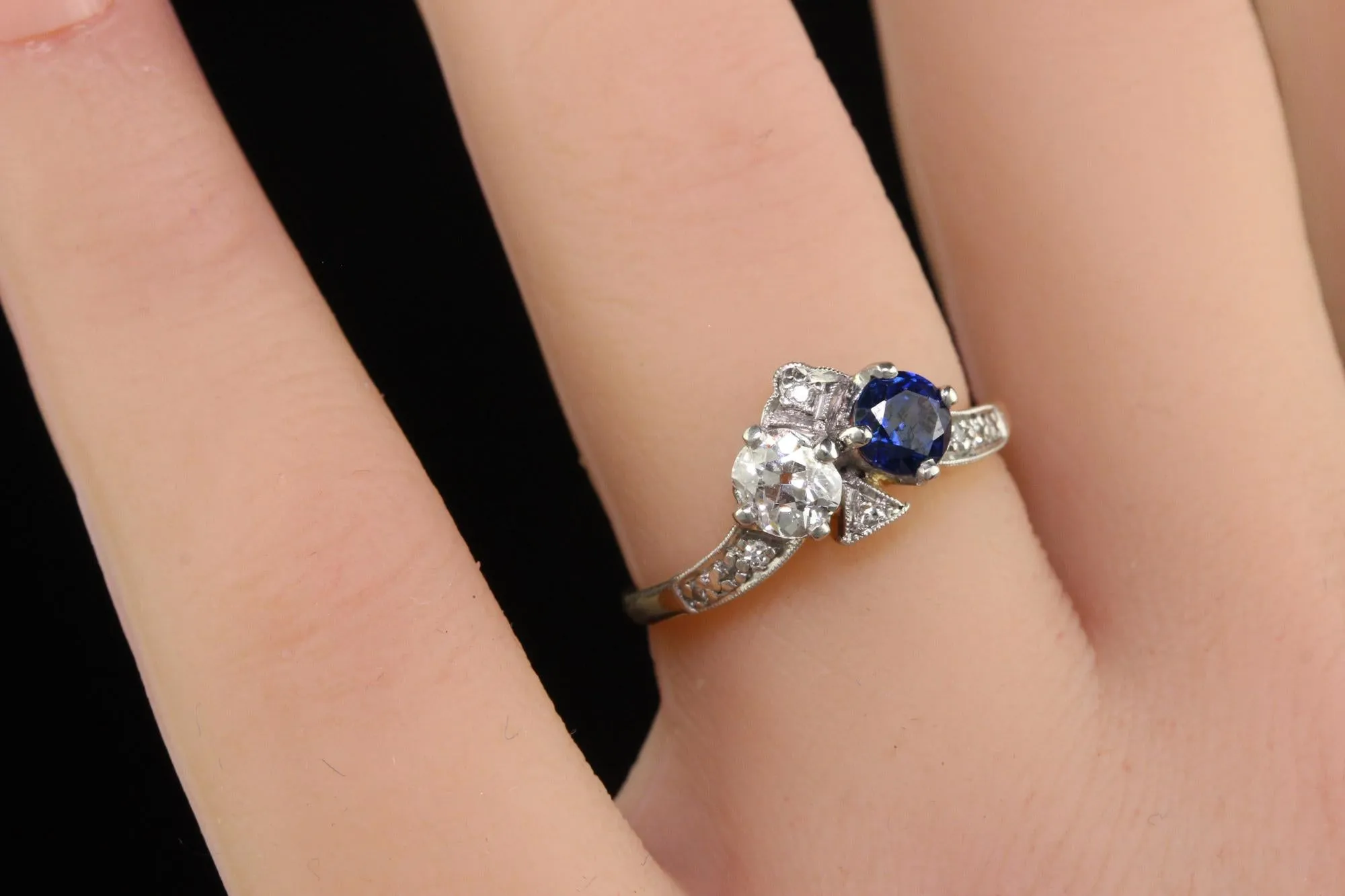 Antique Edwardian 14K Yellow Gold Platinum Old Euro Diamond and Sapphire Ring