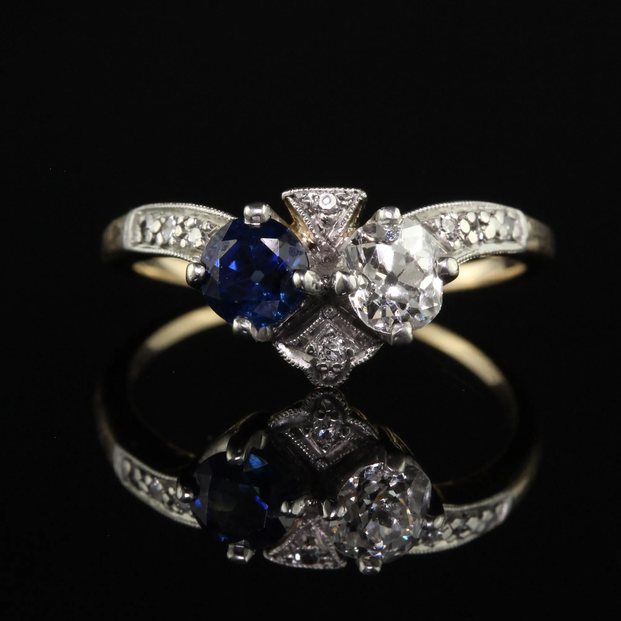 Antique Edwardian 14K Yellow Gold Platinum Old Euro Diamond and Sapphire Ring