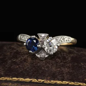 Antique Edwardian 14K Yellow Gold Platinum Old Euro Diamond and Sapphire Ring