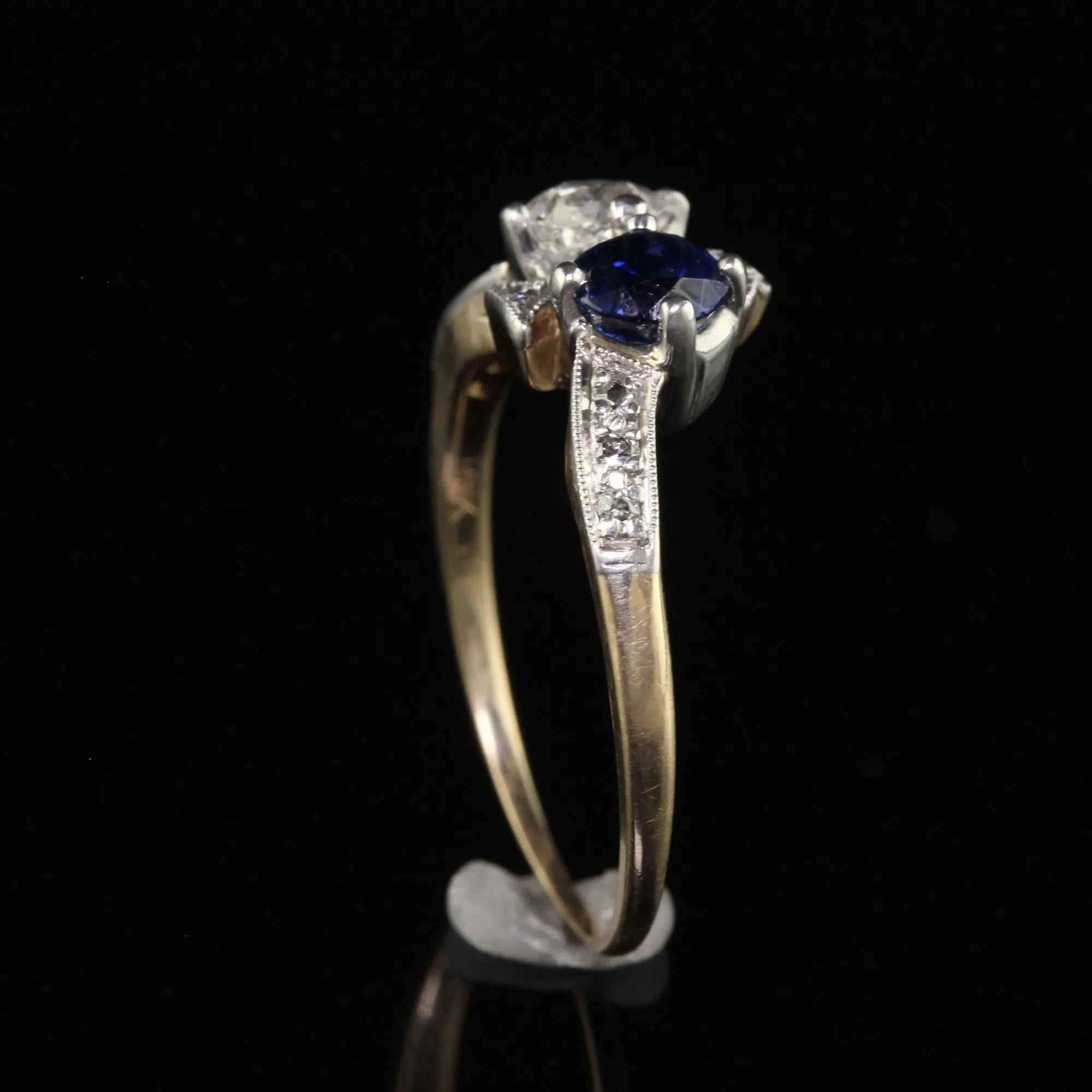 Antique Edwardian 14K Yellow Gold Platinum Old Euro Diamond and Sapphire Ring