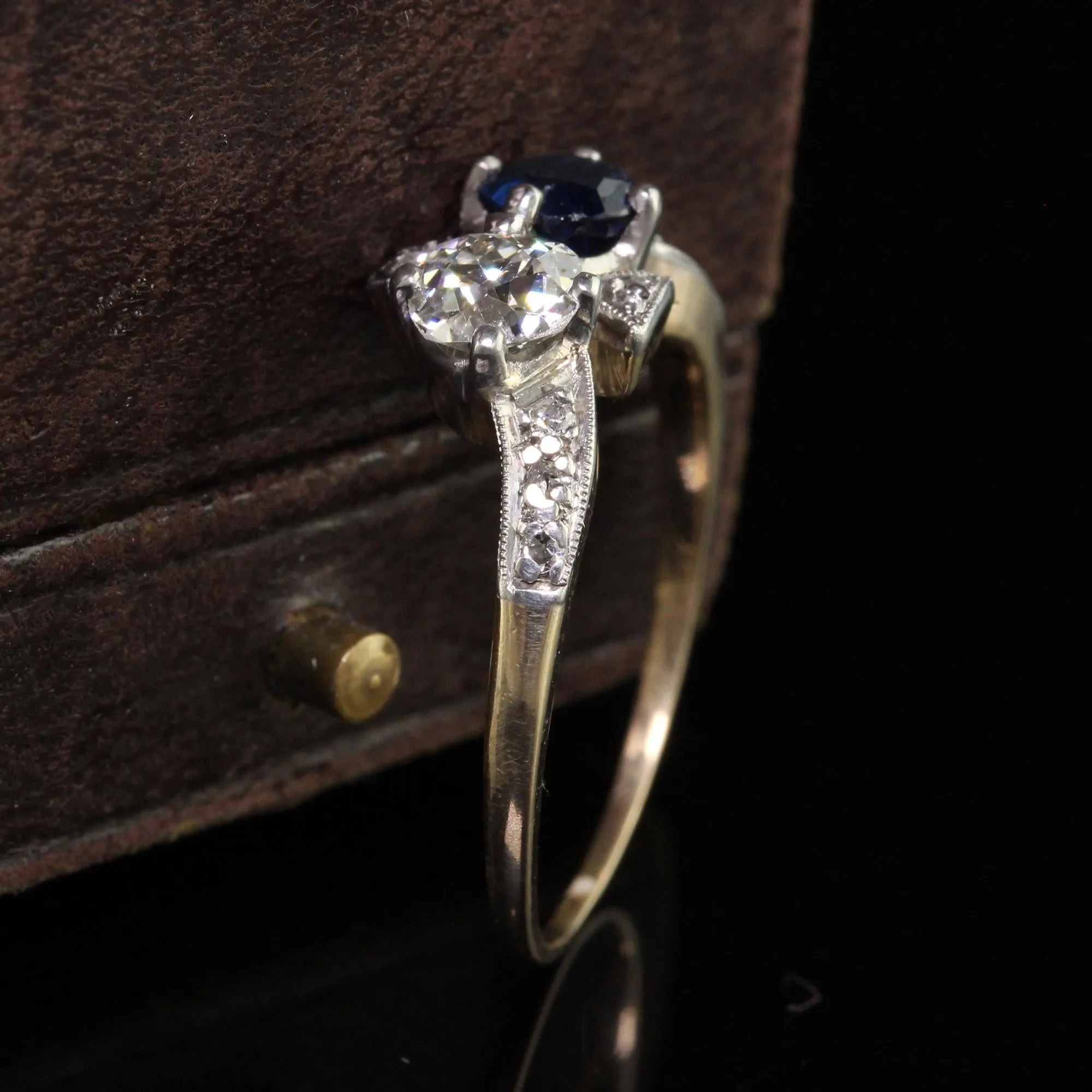 Antique Edwardian 14K Yellow Gold Platinum Old Euro Diamond and Sapphire Ring