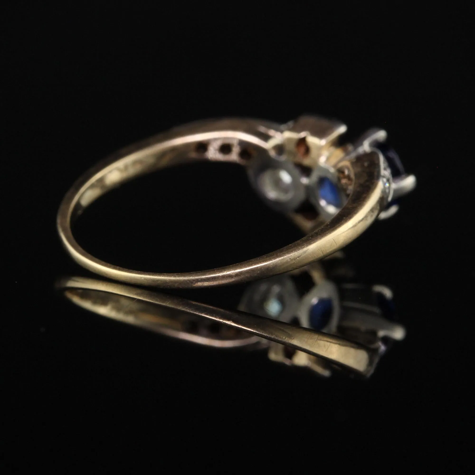 Antique Edwardian 14K Yellow Gold Platinum Old Euro Diamond and Sapphire Ring
