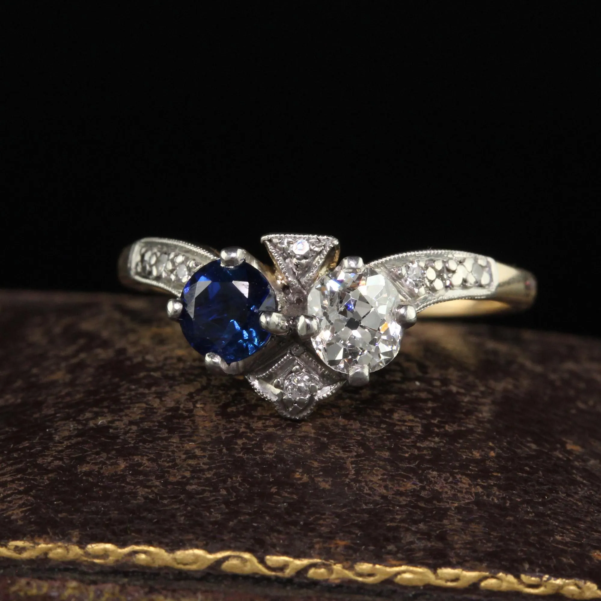 Antique Edwardian 14K Yellow Gold Platinum Old Euro Diamond and Sapphire Ring