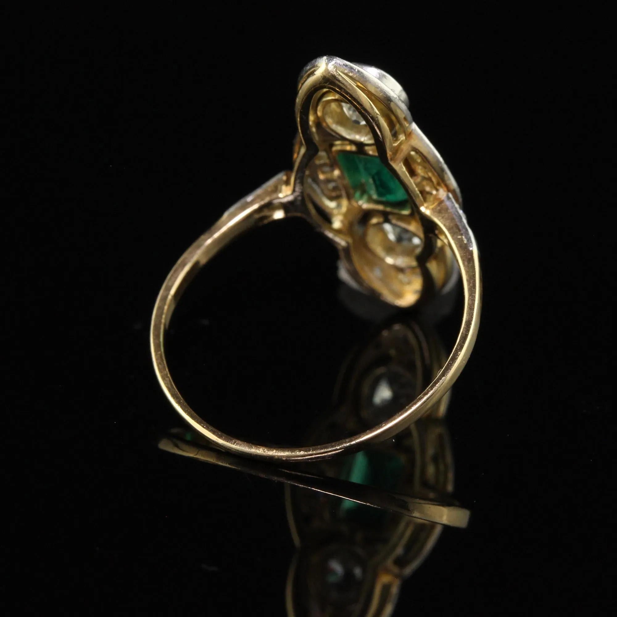Antique Edwardian 18K Gold Platinum Top Old Euro Diamond Emerald Cocktail Ring