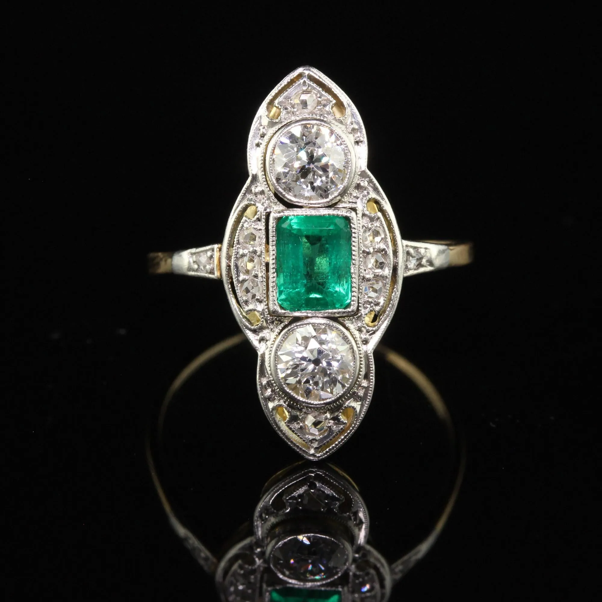 Antique Edwardian 18K Gold Platinum Top Old Euro Diamond Emerald Cocktail Ring