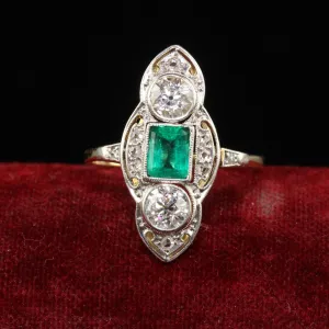 Antique Edwardian 18K Gold Platinum Top Old Euro Diamond Emerald Cocktail Ring