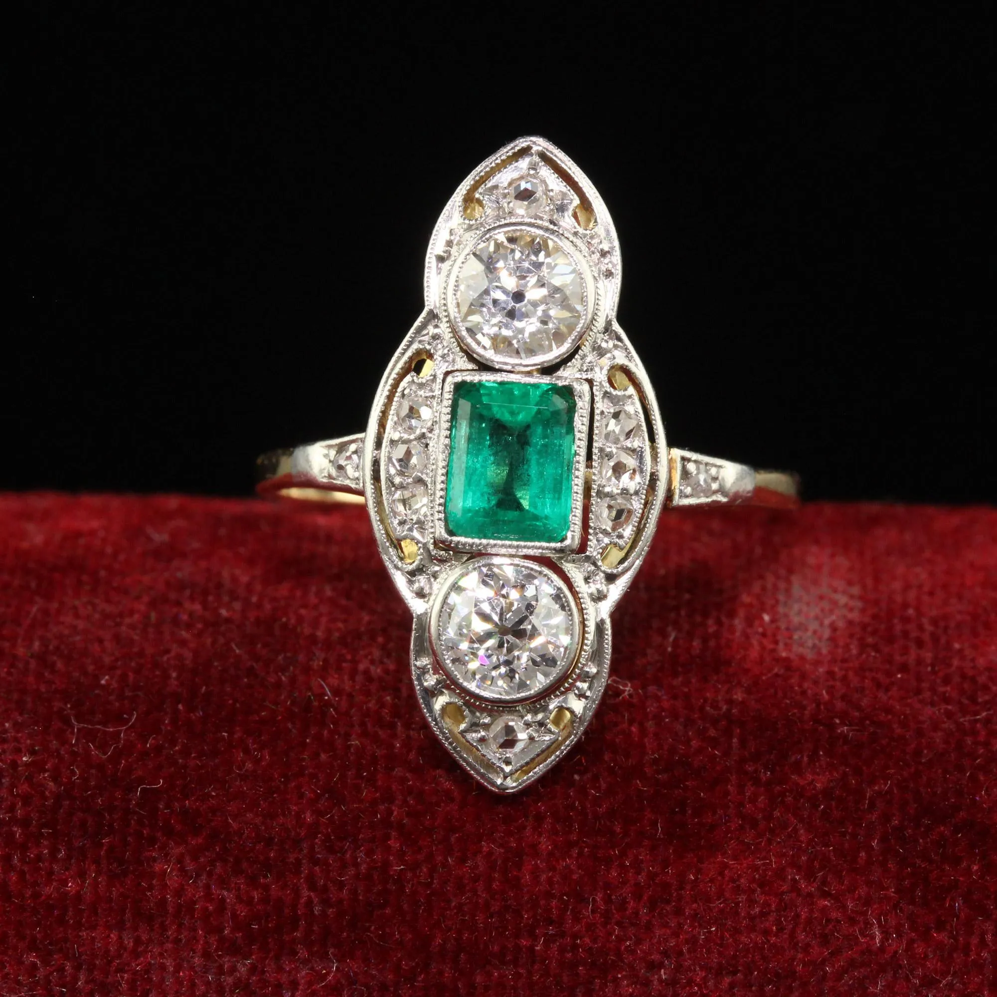 Antique Edwardian 18K Gold Platinum Top Old Euro Diamond Emerald Cocktail Ring