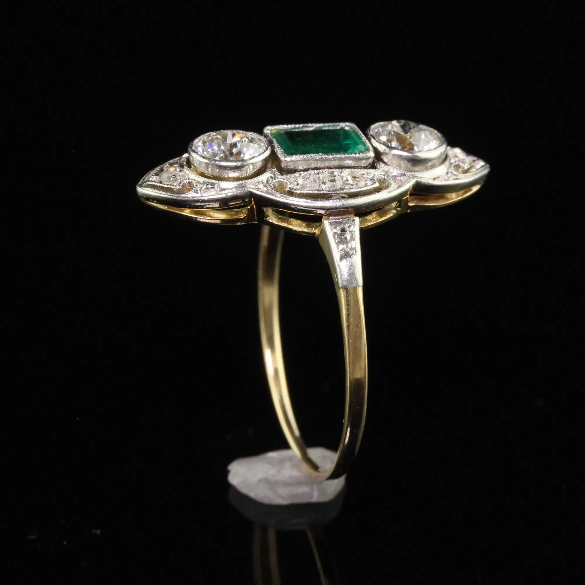 Antique Edwardian 18K Gold Platinum Top Old Euro Diamond Emerald Cocktail Ring
