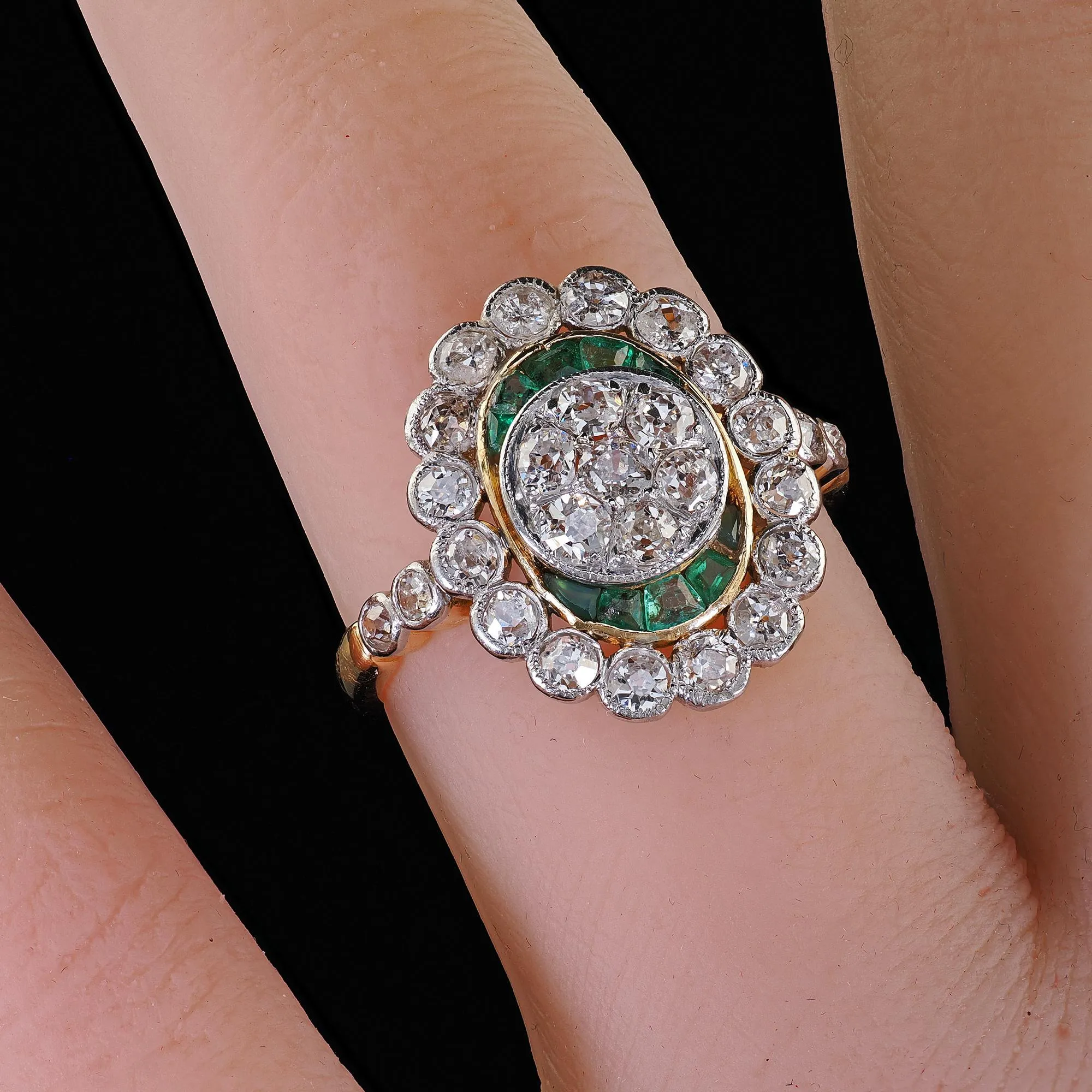 Antique Edwardian French 18K Yellow Gold Platinum Diamond and Emerald Ring