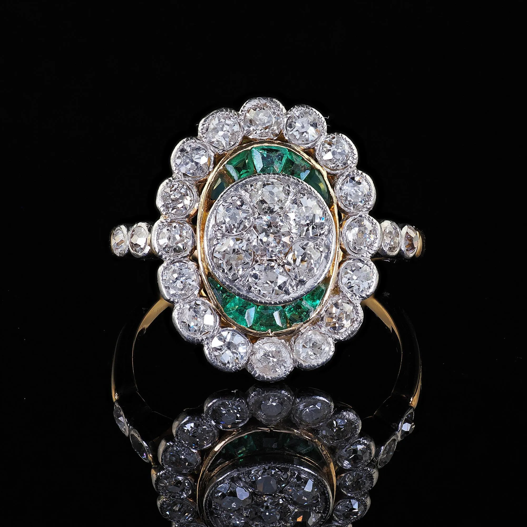 Antique Edwardian French 18K Yellow Gold Platinum Diamond and Emerald Ring