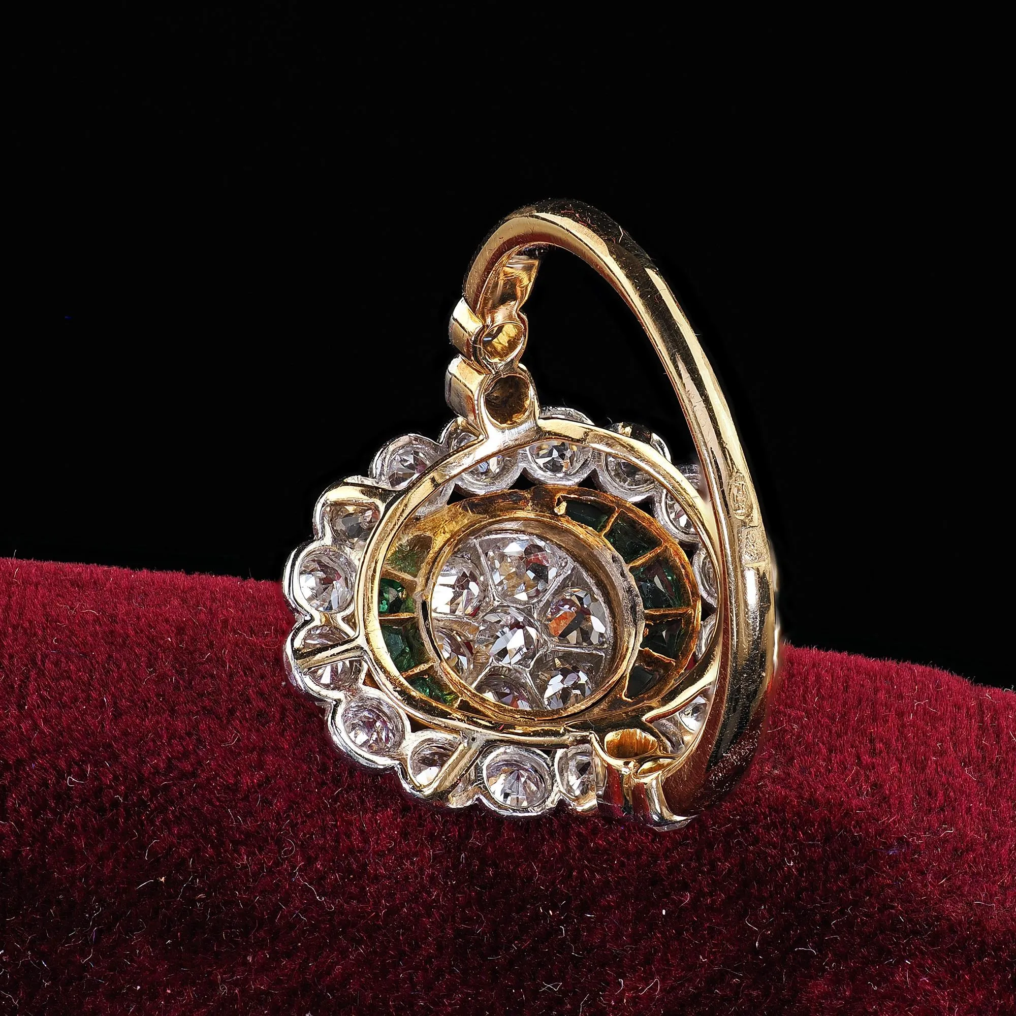 Antique Edwardian French 18K Yellow Gold Platinum Diamond and Emerald Ring