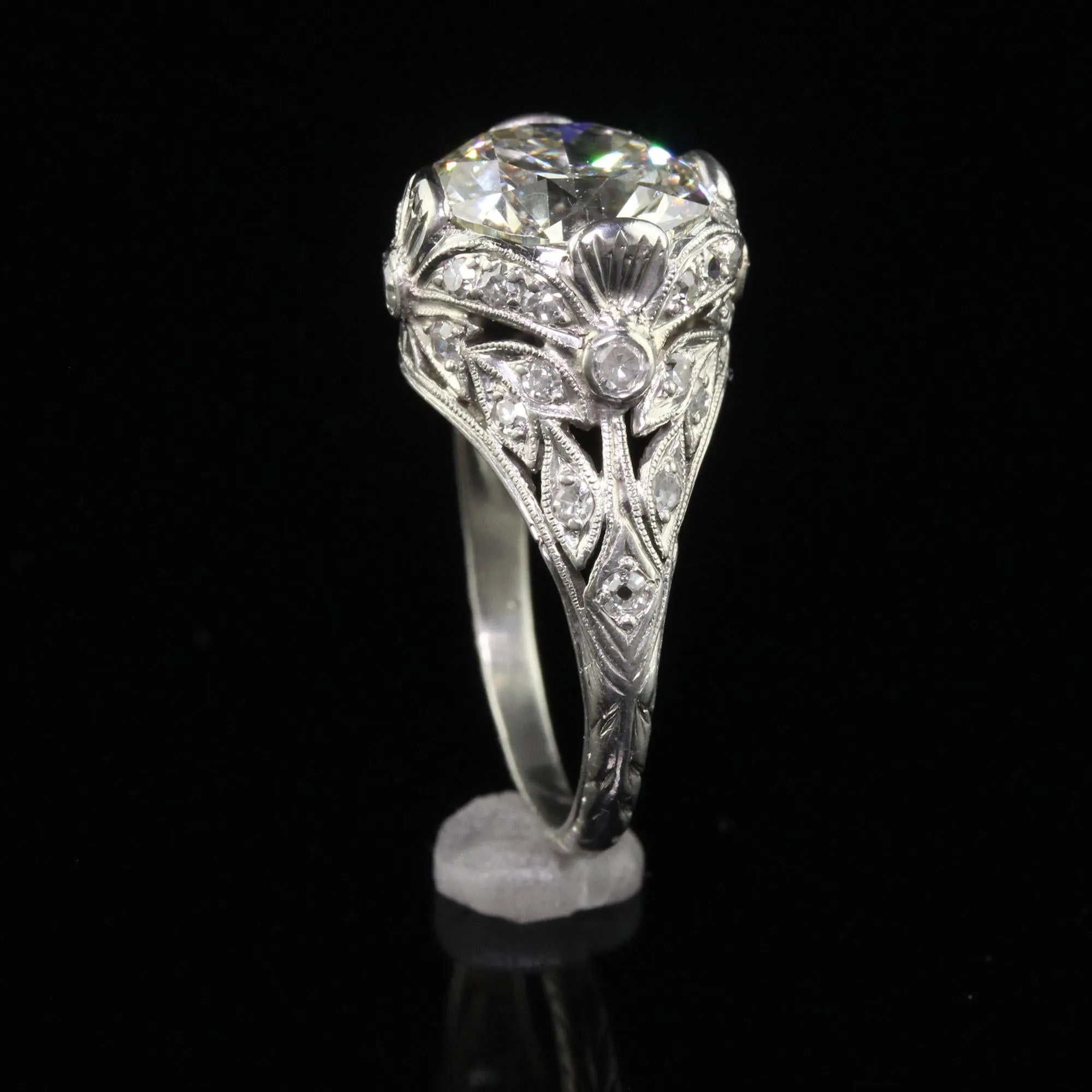 Antique Edwardian Platinum Old Cut Diamond Floral Engagement Ring - GIA