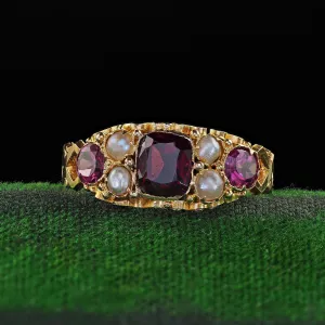 Antique English 15K Yellow Gold Rhodolite Garnet and Pearl Ring