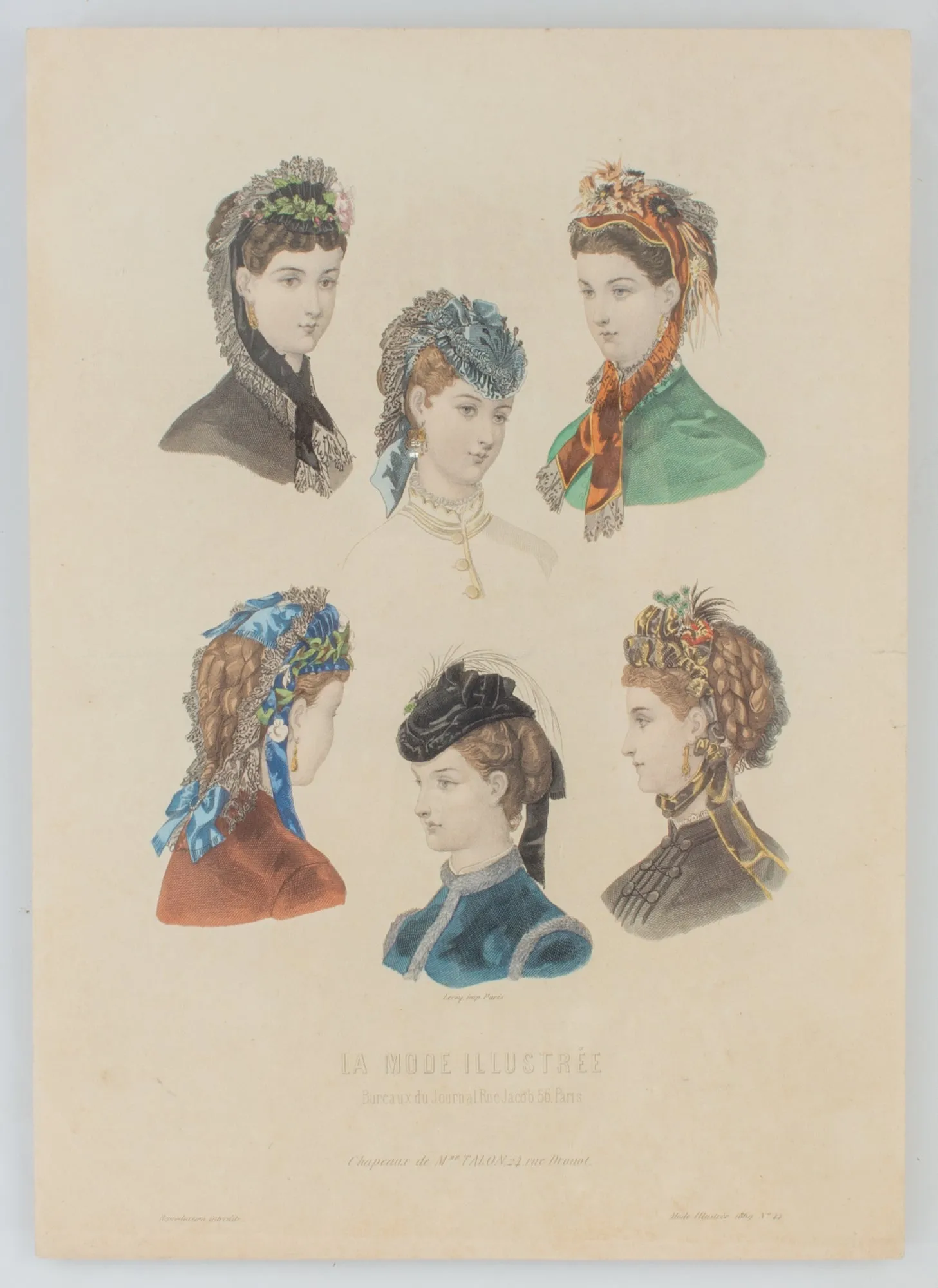 Antique French Hairstyle Fashion Print in Floating Frame
