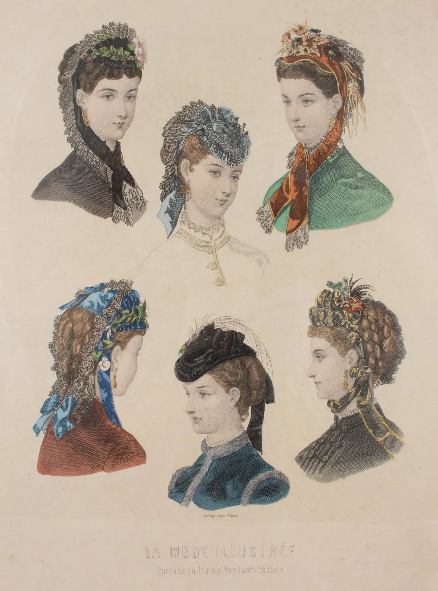 Antique French Hairstyle Fashion Print in Floating Frame
