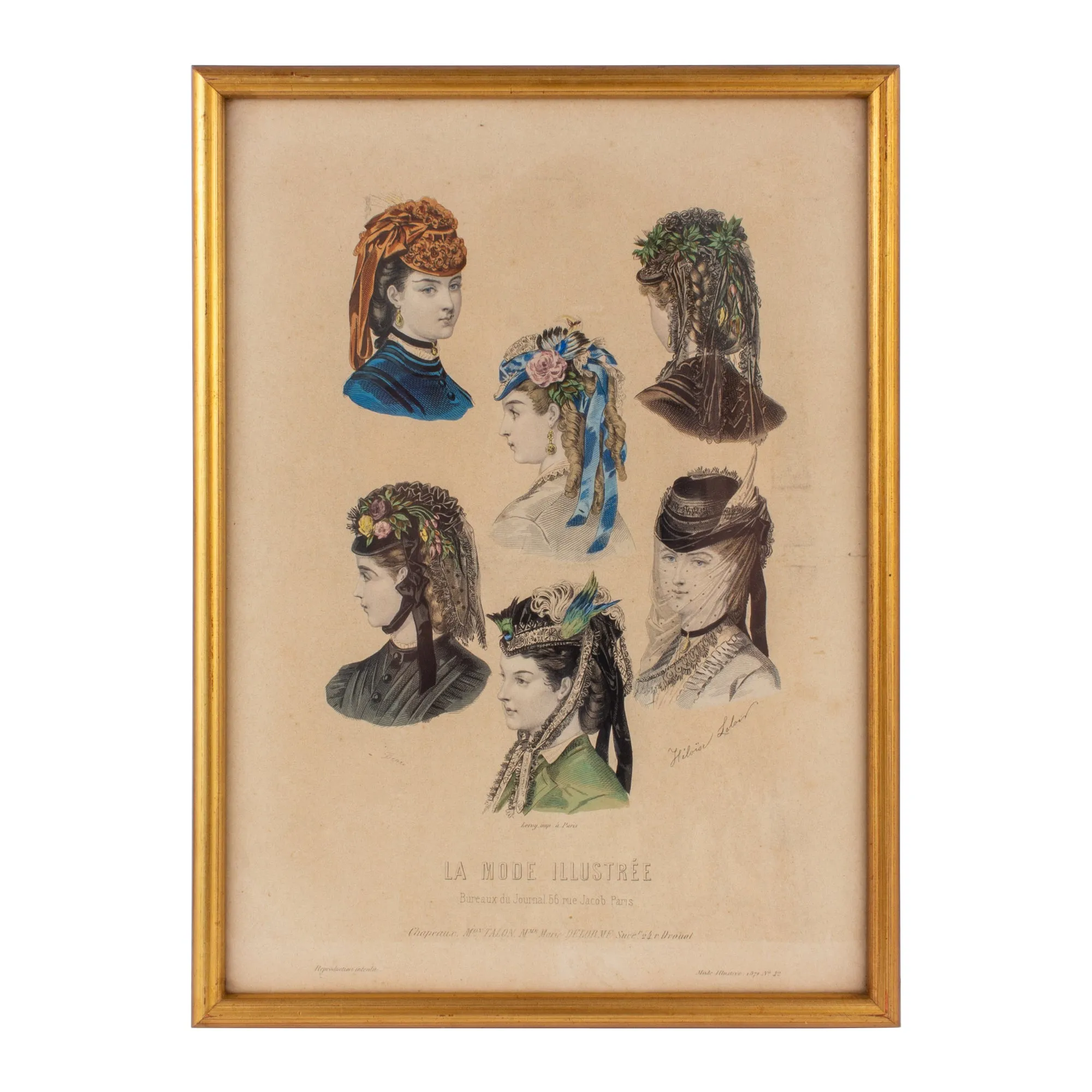 Antique French Hairstyle Fashion Print in Frame