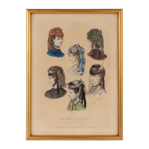 Antique French Hairstyle Fashion Print in Frame