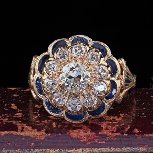 Antique Victorian 14K Gold Old Cut Diamond Blue Enamel Engagement Ring - GIA